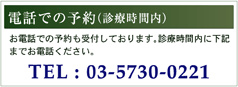 電話での予約（診療時間内）　電話での予約も受付しております。診療時間内に下記までお電話ください。 TEL.03-5730-0221